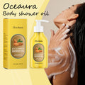 OceAura Coconut Body Wash Oil 100g with packaging and person applying product to their neck.