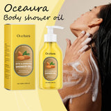 OceAura Coconut Body Wash Oil 100g with packaging and person applying product to their neck.