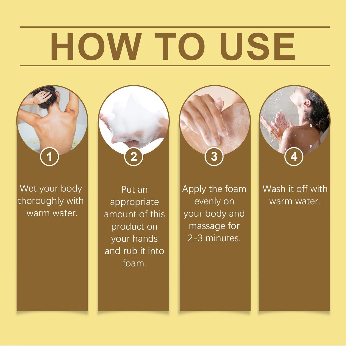 Four-step usage instructions for OceAura Coconut Body Wash Oil 100g for daily moisturizing cleansing routine.