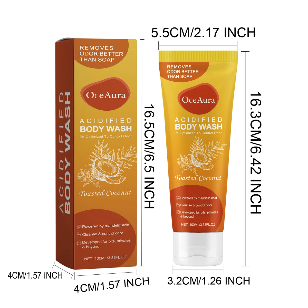 OceAura Coconut Vanilla Moisturizing Body Wash Gel 100g packaging with product dimensions on white background.