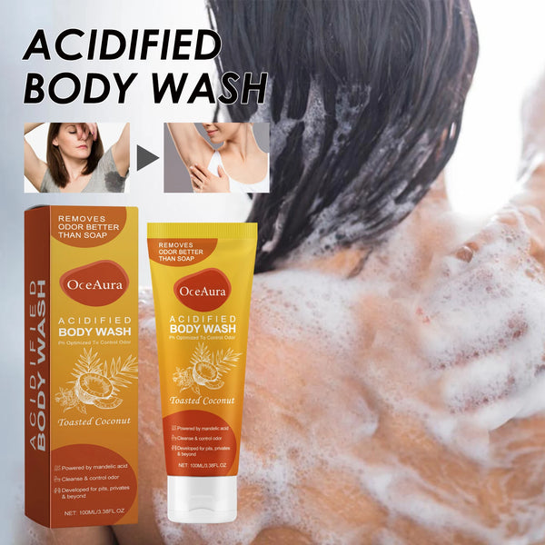 OceAura Coconut Vanilla Moisturizing Body Wash Gel 100g with packaging and person applying product.