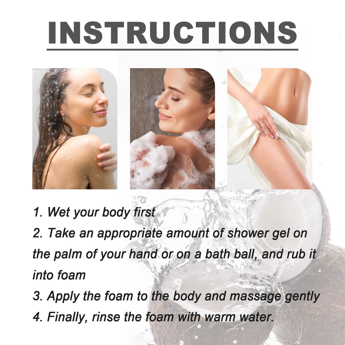 Step-by-step usage instructions for OceAura Coconut Vanilla Moisturizing Body Wash Gel 100g with woman washing.
