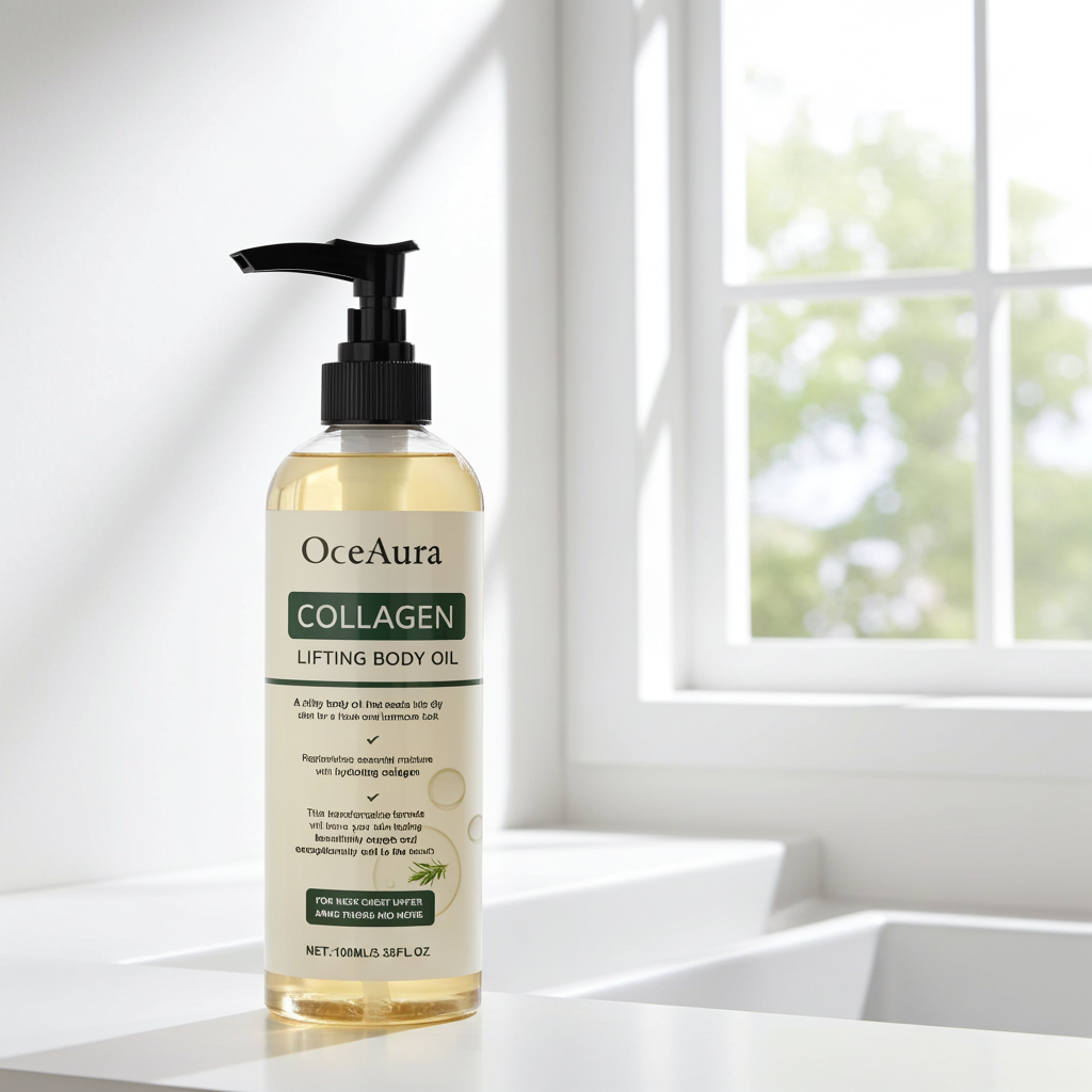 OceAura Collagen Body Oil shown in a bottle for moisturizing skin and massage routines.