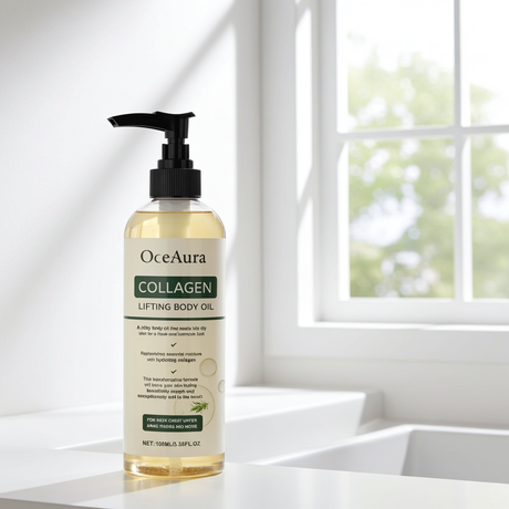 OceAura Collagen Body Oil shown in a bottle for moisturizing skin and massage routines.