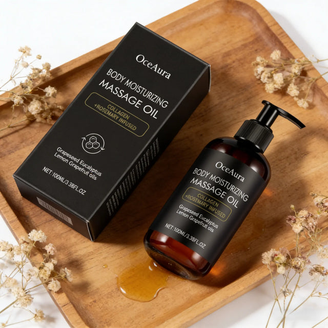 OceAura Collagen Lifting Body Oil bottle for moisturizing skin, body care, and daily firming routines.