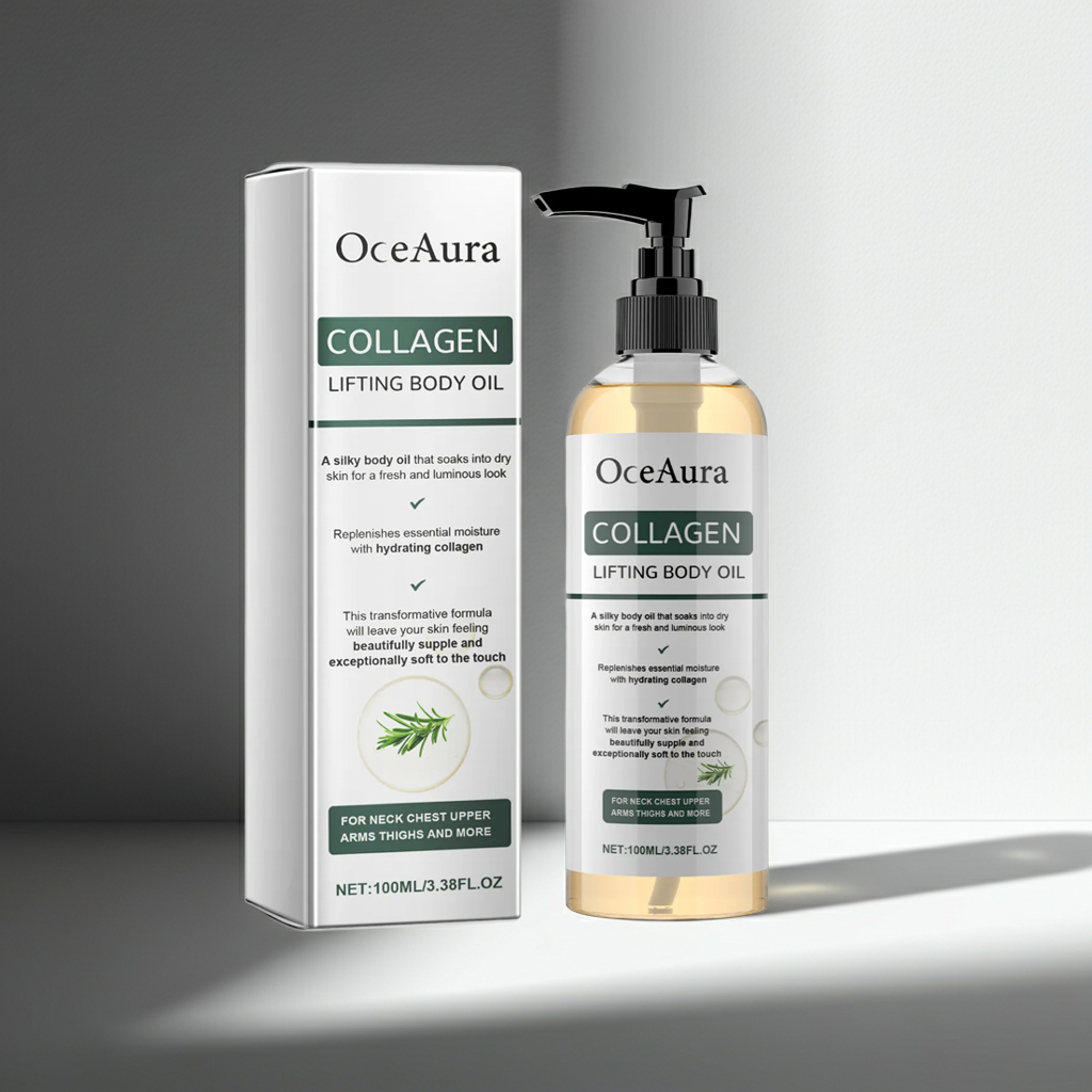 OceAura Collagen Massage Oil presented for body massage, skin care, and relaxation.