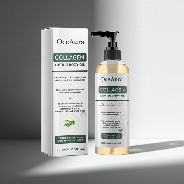 OceAura Collagen Massage Oil presented for body massage, skin care, and relaxation.