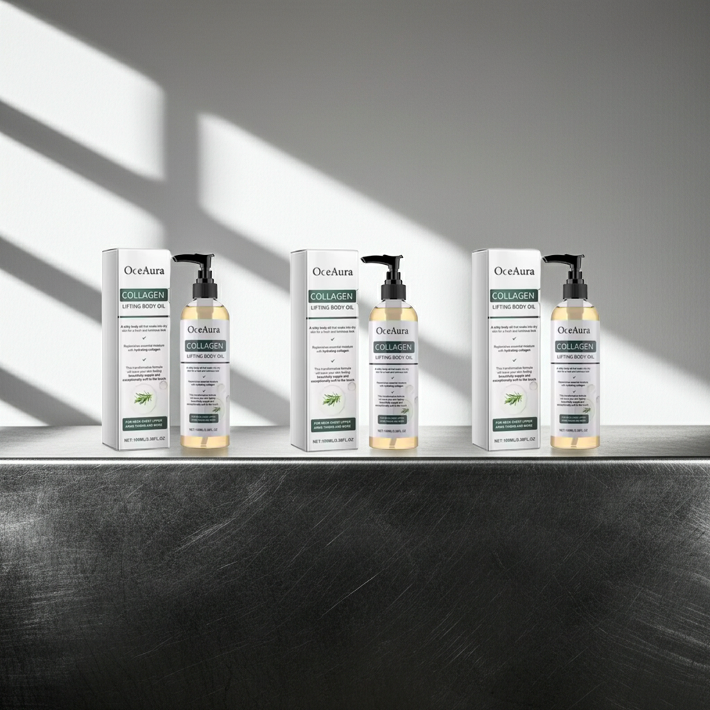 OceAura Collagen Body and Massage Oil bottle for body massage, softening the skin, and personal care use.