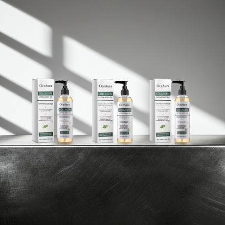 OceAura Collagen Body and Massage Oil bottle for body massage, softening the skin, and personal care use.