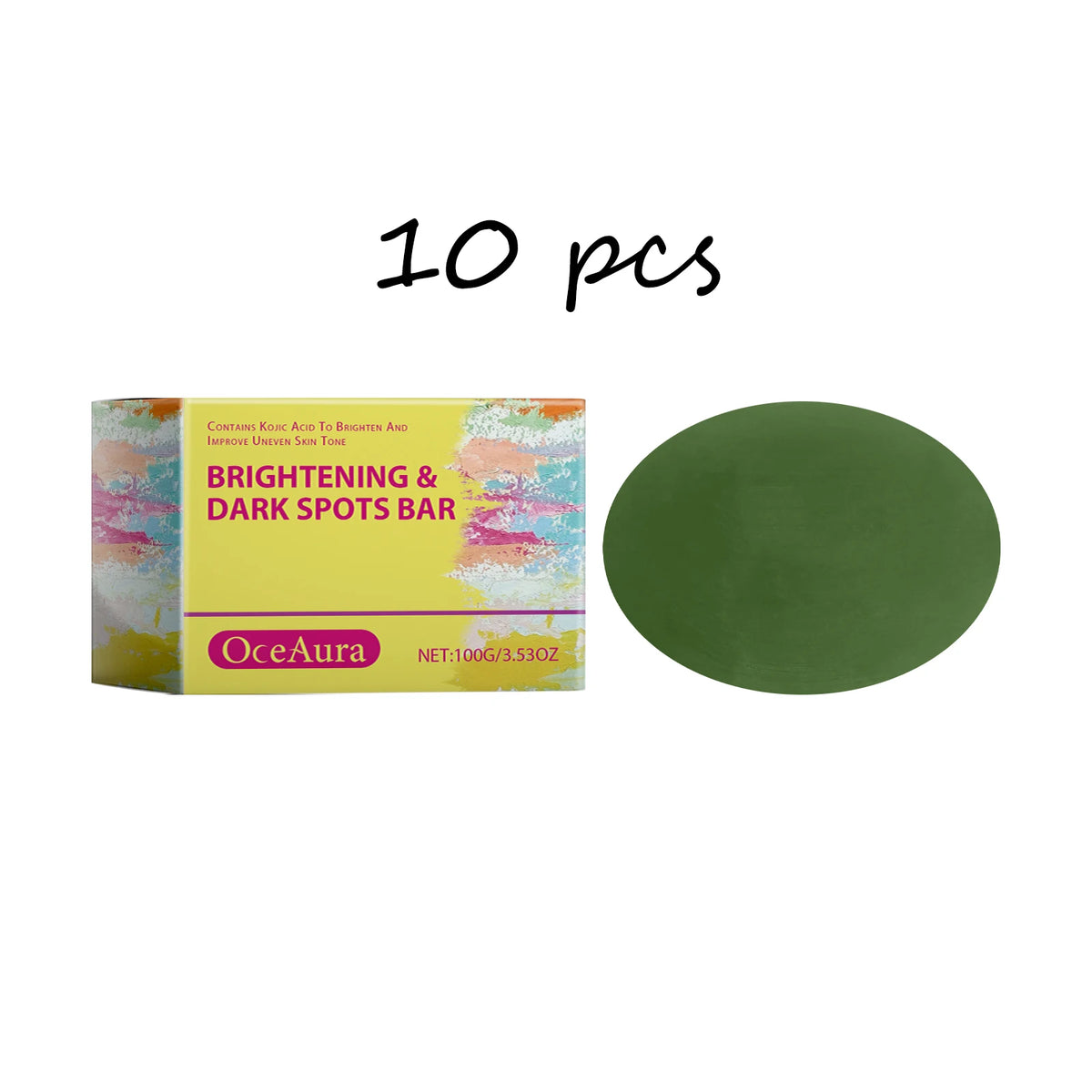 OceAura Daily Brightening Body Soap bar with packaging and green olive oil bar on white background.