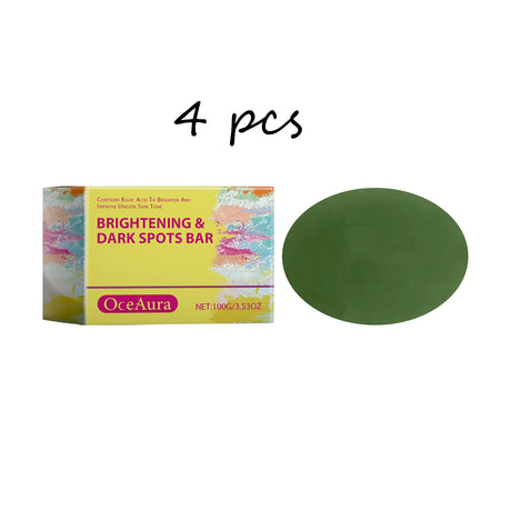 OceAura Daily Brightening Body Soap packaging with green disc soap bar on white background.