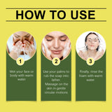 OceAura Daily Brightening Body Soap three-step usage instructions on yellow background.