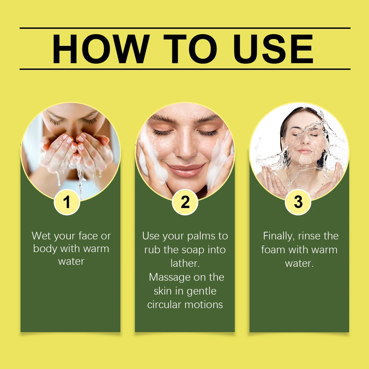 OceAura Daily Brightening Body Soap three-step usage instructions on yellow background.
