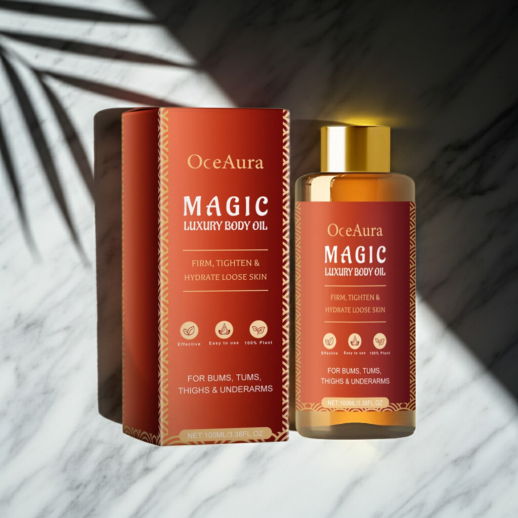 OceAura firming and moisturizing body oil bottle for daily body care, nourishing moisture, and smoother-looking skin.