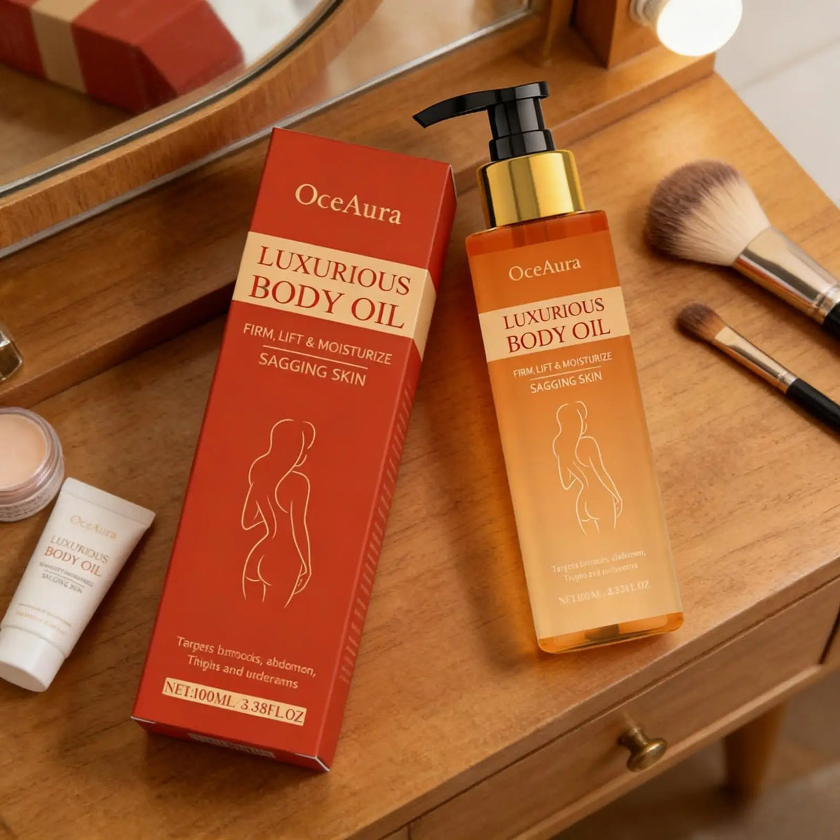 OceAura firming body oil bottle for improving skin softness, body massage, and luxury skincare use.