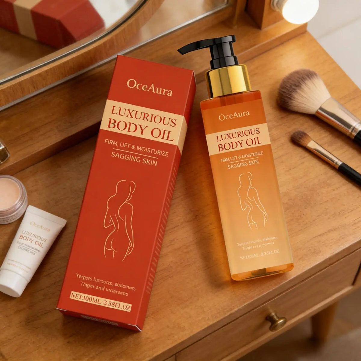 OceAura Rosehip Body Oil — lightweight firming rosehip oil for reducing stretch marks, brightening, and daily skin care.