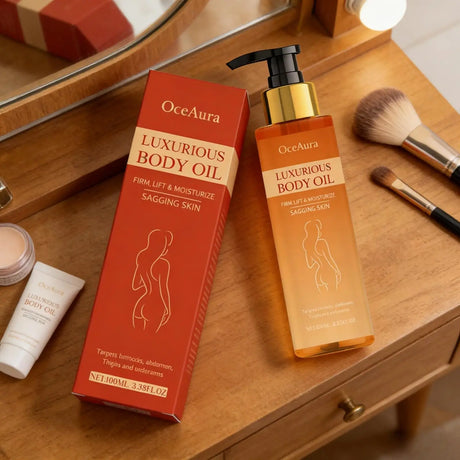 OceAura firming body oil bottle for improving skin softness, body massage, and luxury skincare use.