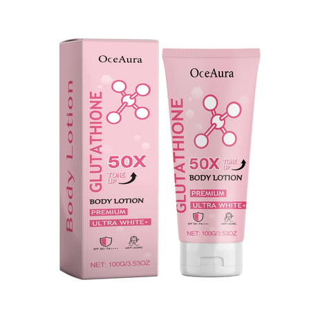 OceAura Glowing Body Lotion niacinamide brightening body lotion packaging overview on white background.
