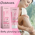 OceAura Glowing Body Lotion with niacinamide brightening — packaging with woman applying lotion on arm.