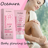 OceAura Glowing Body Lotion with niacinamide brightening — packaging with woman applying lotion on arm.