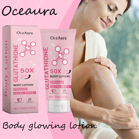 OceAura Glowing Body Lotion with niacinamide brightening — packaging with woman applying lotion on arm.