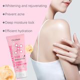 OceAura Glowing Body Lotion with woman applying niacinamide brightening lotion to arm on pink background.