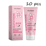 OceAura Glowing Body Lotion niacinamide brightening lotion tube and box on white background.