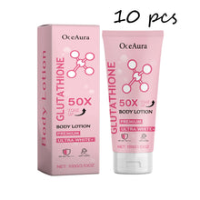OceAura Glowing Body Lotion niacinamide brightening lotion tube and box on white background.