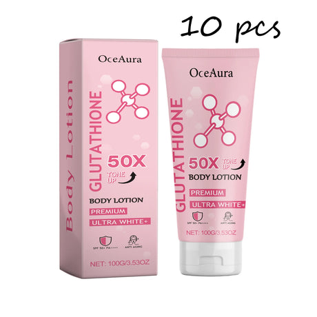 OceAura Glowing Body Lotion niacinamide brightening lotion tube and box on white background.