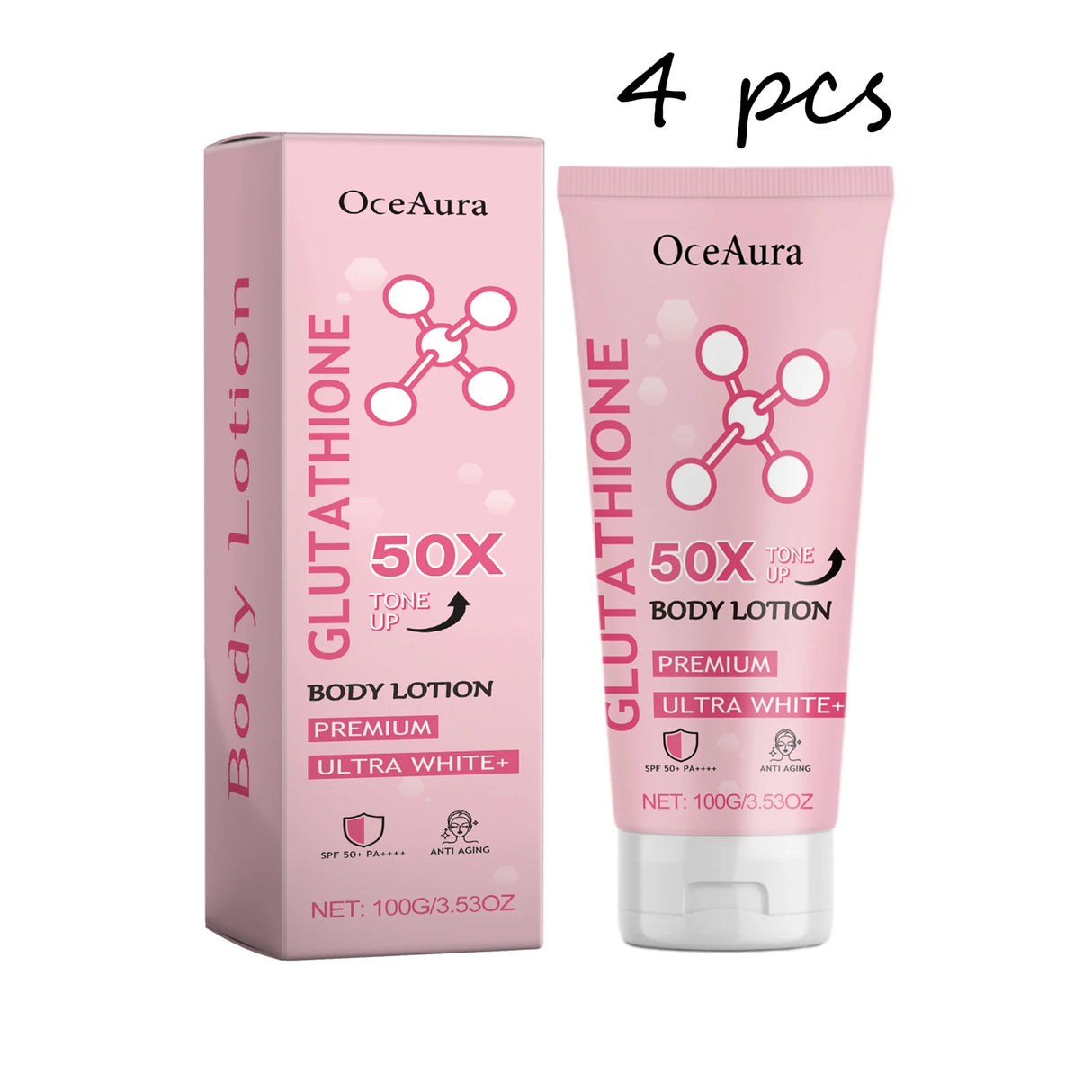 OceAura Glowing Body Lotion niacinamide brightening lotion packaging and tube detail on white background.
