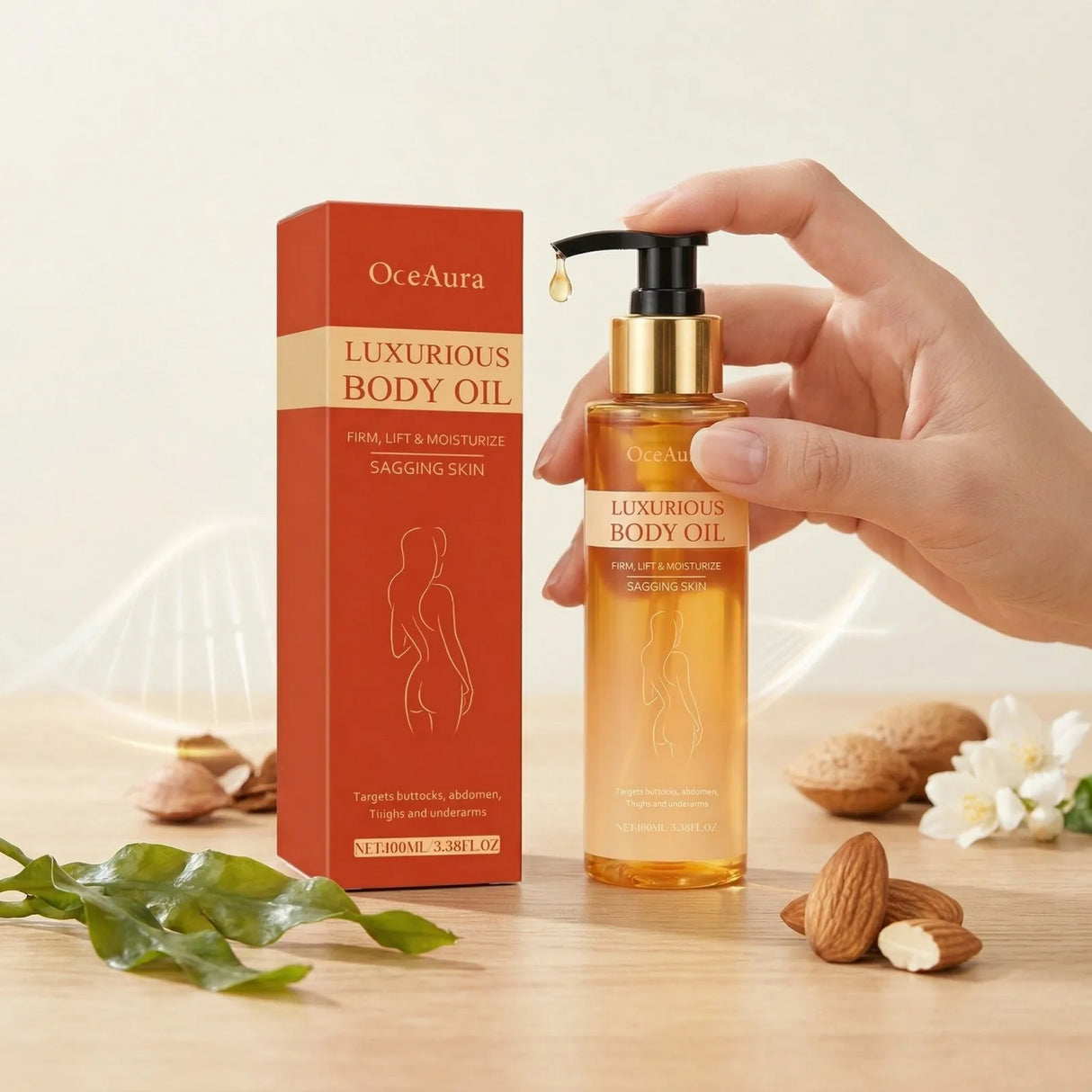 OceAura glowing skin body oil bottle for daily moisturizing, healthy-looking skin, and body nourishment.