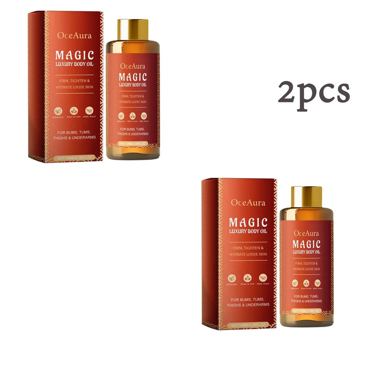 OceAura hydrating and firming body oil bottle for body moisturizing, skin conditioning, and everyday skincare routines.