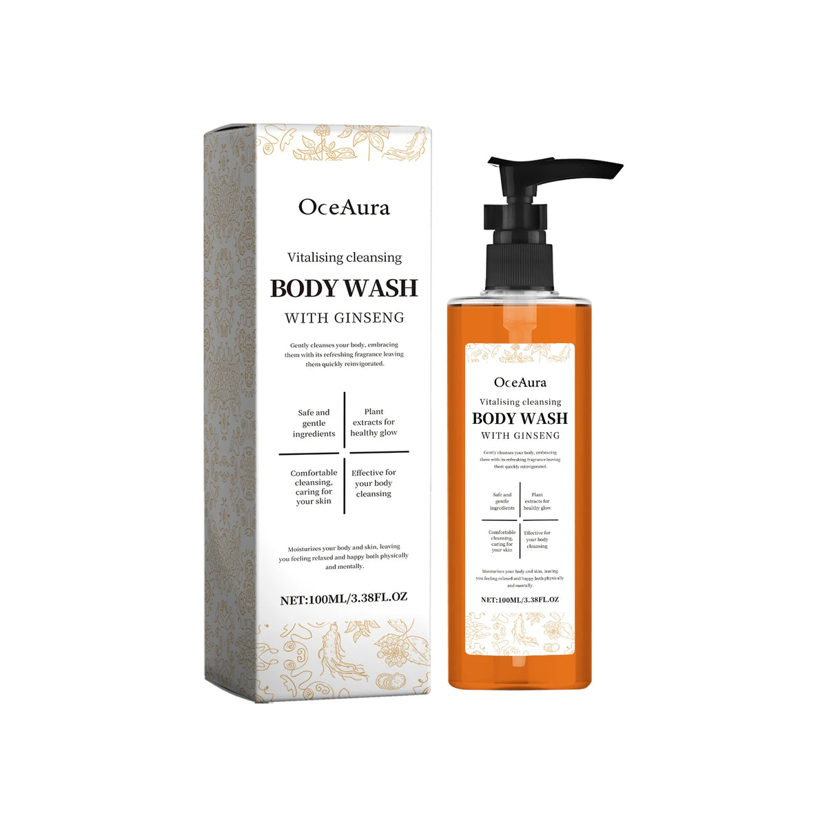 OceAura Hydrating Body Wash Gel Refreshing 100g bottle with product dimensions on white background.