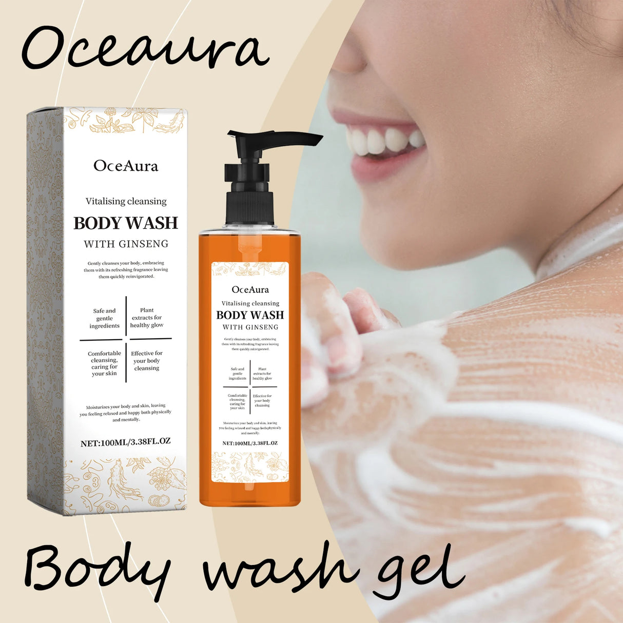 OceAura Hydrating Body Wash Gel Refreshing 100g main product shot with packaging.