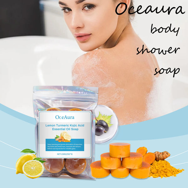 OceAura Lemon Turmeric Brightening Soap Bar packaging with woman in bathtub and ingredients displayed.