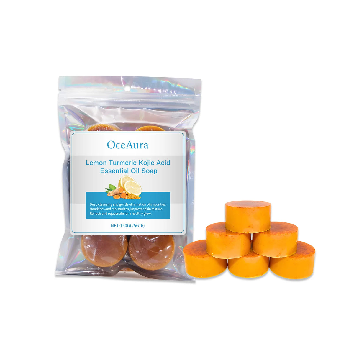 OceAura Lemon Turmeric Brightening Soap Bar packaging with bars on white background.