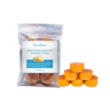 OceAura Lemon Turmeric Brightening Soap Bar packaging with bars on white background.