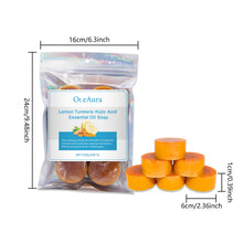 OceAura Lemon Turmeric Brightening Soap Bar packaging with product dimensions on white background.