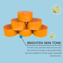 OceAura Lemon Turmeric Brightening Soap Bar with lemon graphics and skin tone improvement on blue background.