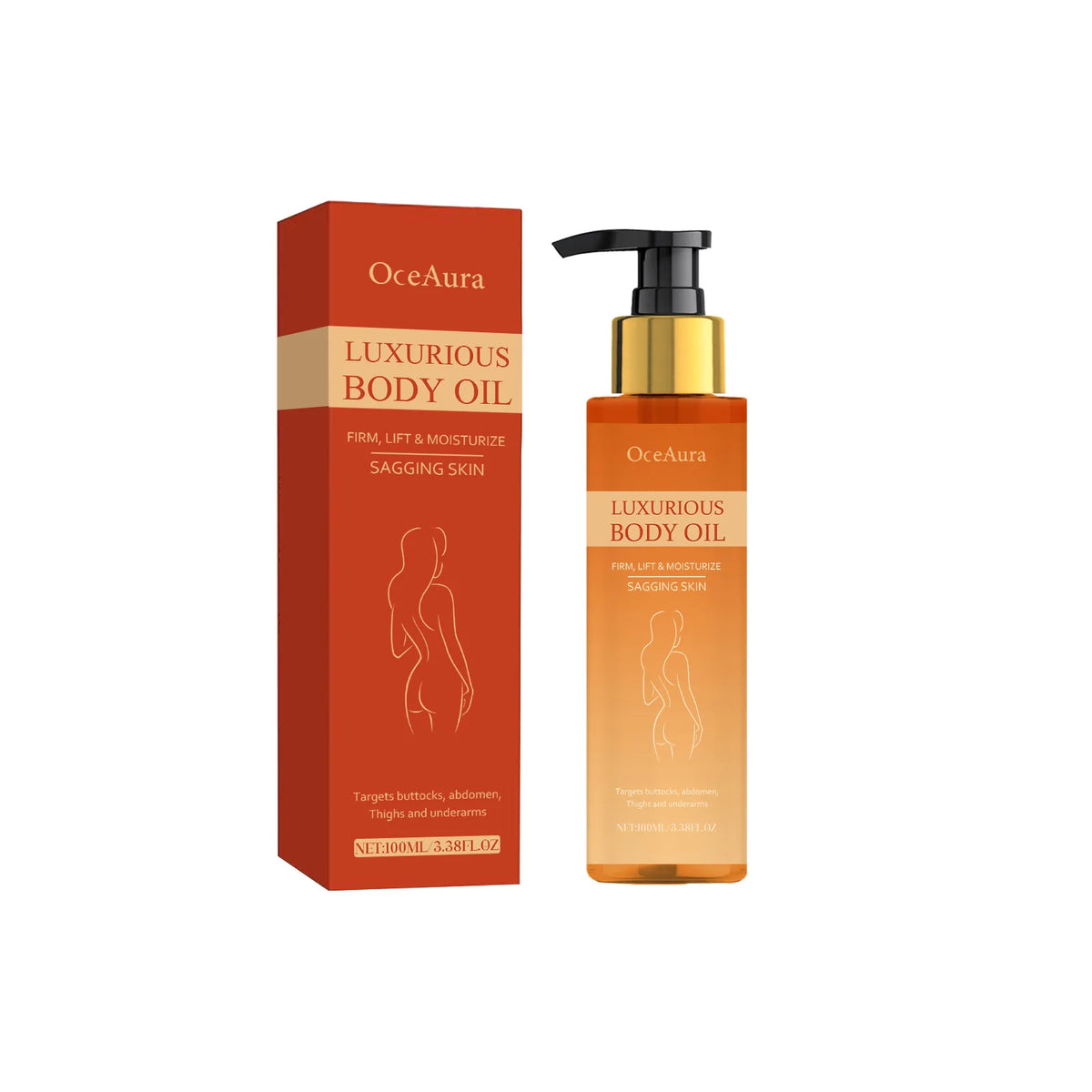 OceAura lightweight body oil bottle for radiant skin, non-greasy moisture, and regular body care.