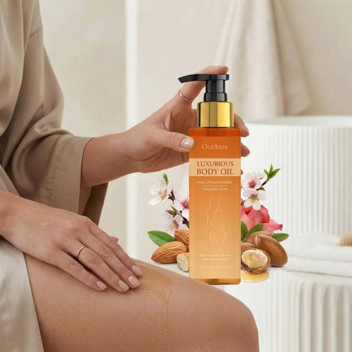 OceAura luxury body massage oil bottle for relaxing massage, softening skin, and restoring moisture after bathing.