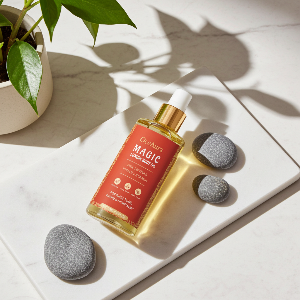 OceAura moisturizing body oil bottle for firming care, skin conditioning, and everyday body hydration.