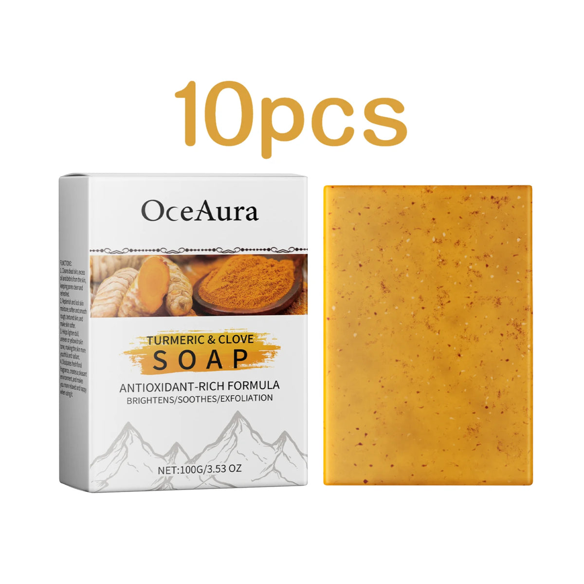 OceAura Turmeric Clove Handmade Soap packaging and bar on white background front view.