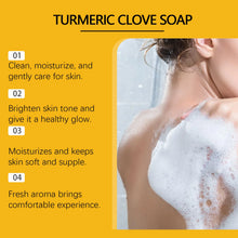 OceAura Turmeric Clove Handmade Soap with person in bath and brightening benefits displayed.