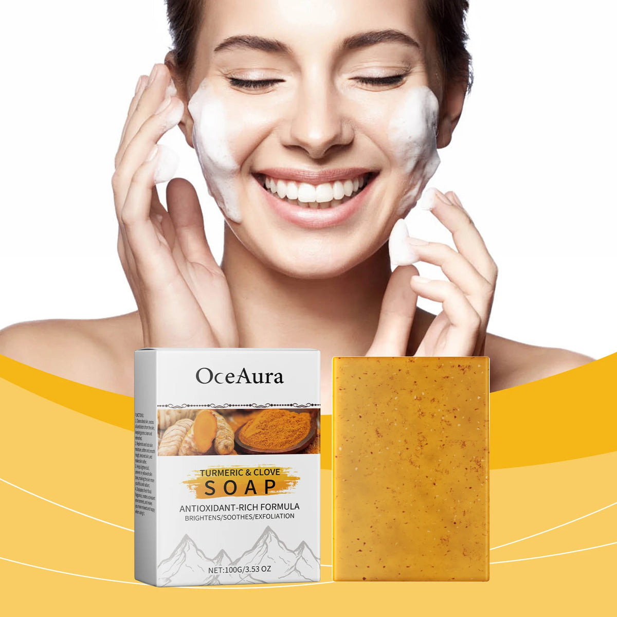 OceAura Turmeric Clove Handmade Soap woman applying to face with bar and packaging displayed.