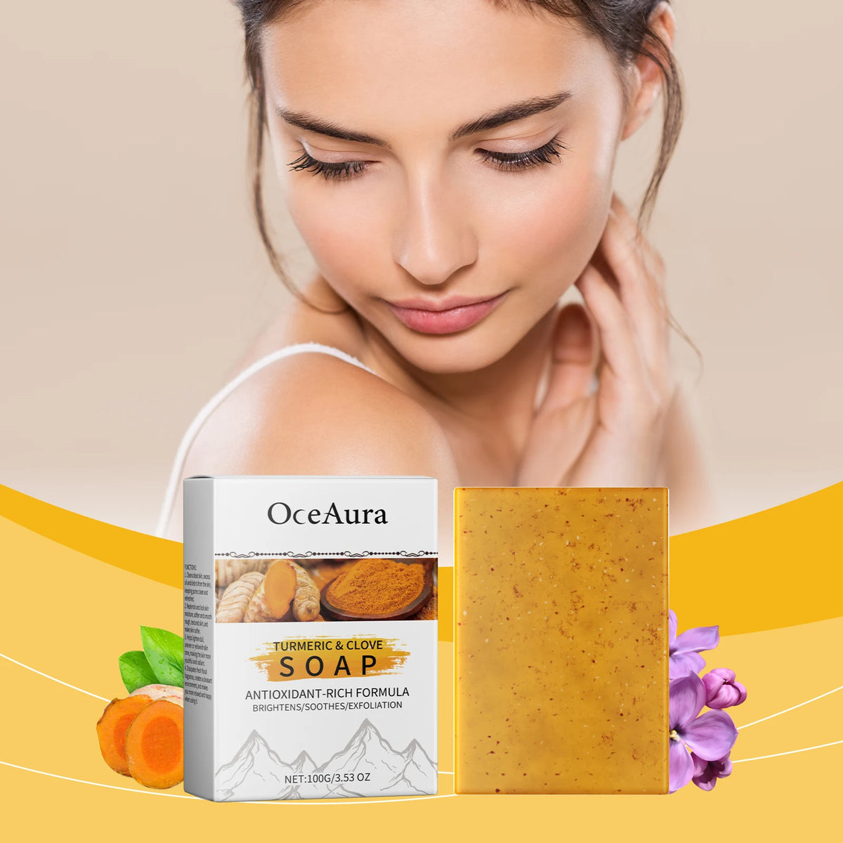 OceAura Turmeric Clove Handmade Soap with woman touching neck on beige background front view.