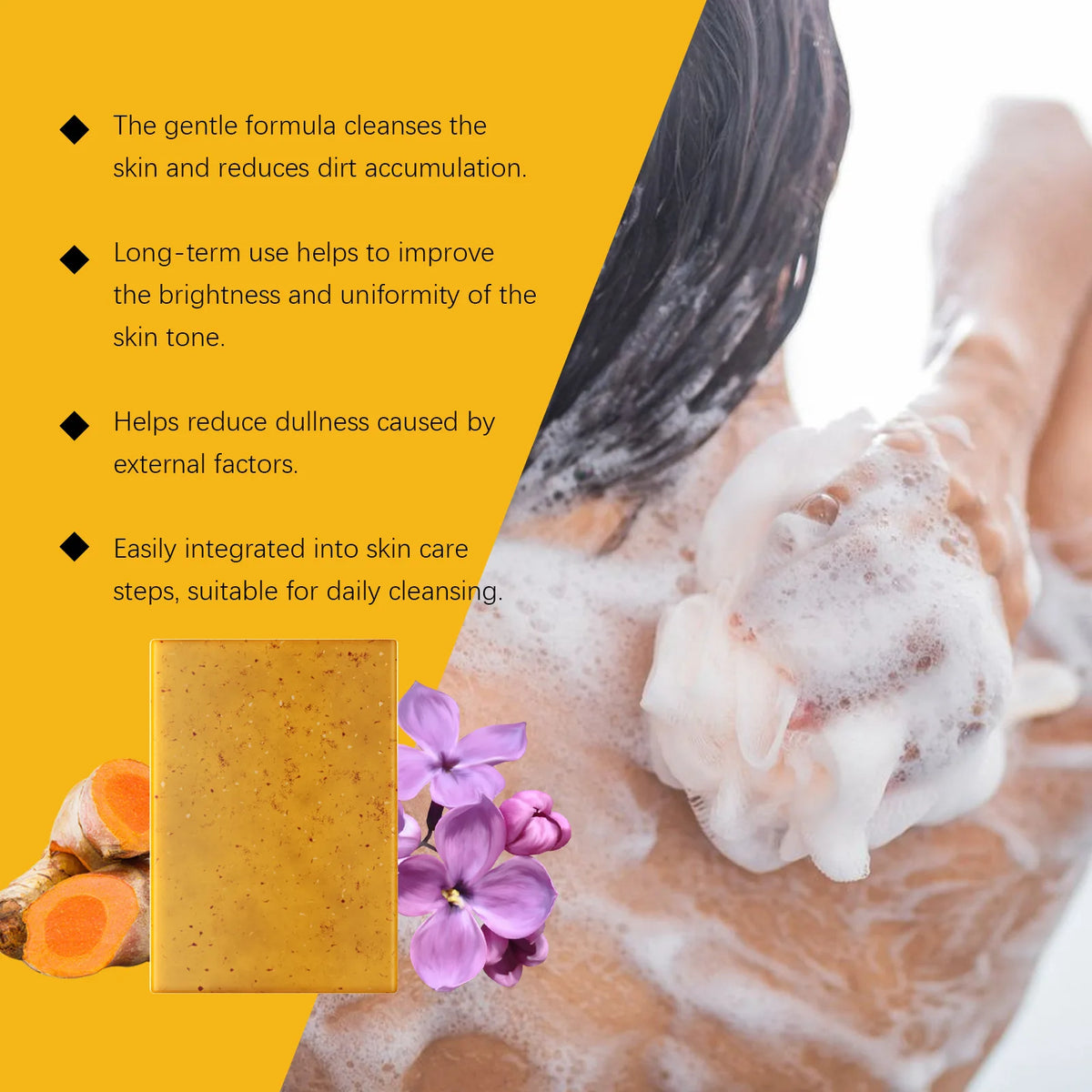 OceAura Turmeric Clove Handmade Soap with woman touching neck on beige background side view.