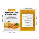 Oceaura Turmeric Lemon Soap Bar packaging and bar with product dimensions shown.