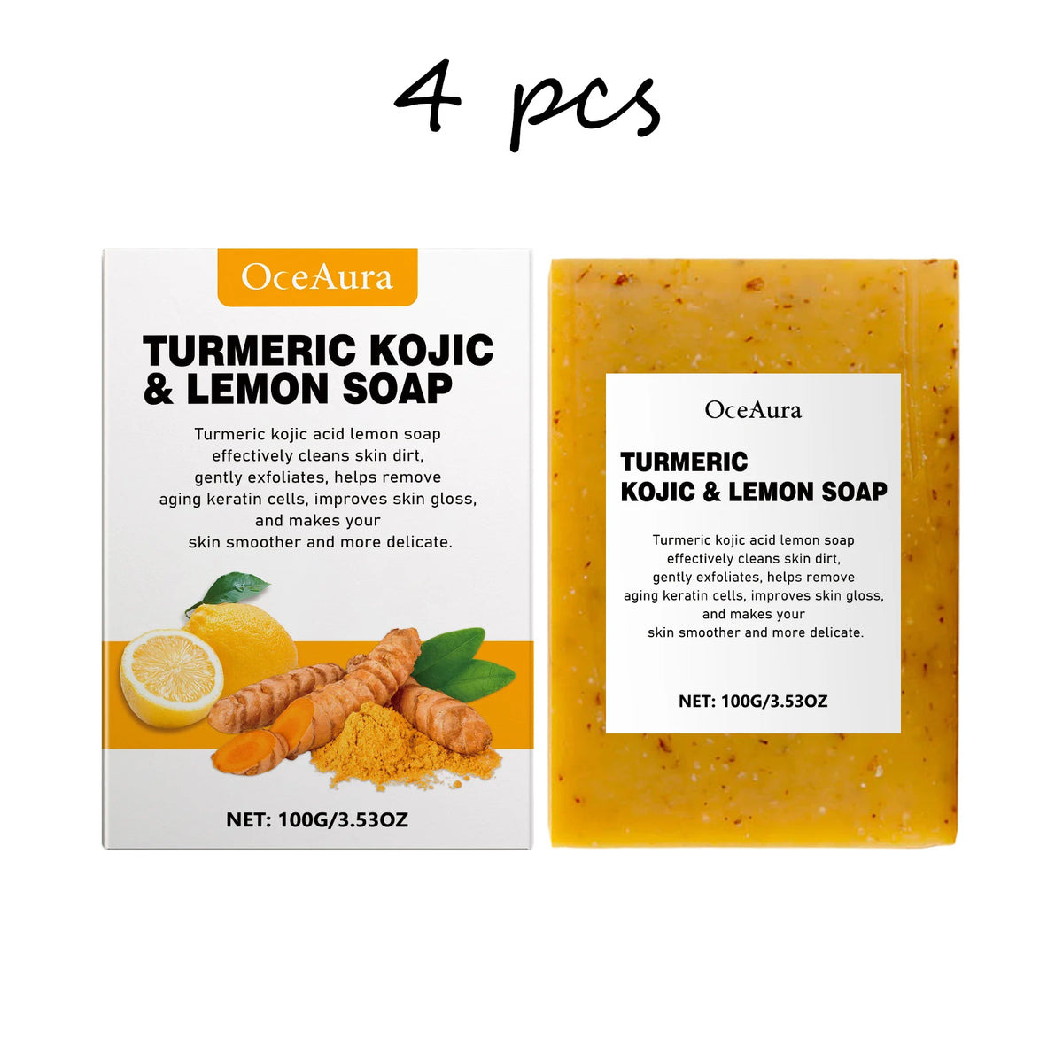 Oceaura Turmeric Lemon Soap Bar and packaging on white background for skin cleansing and brightening.