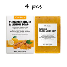 Oceaura Turmeric Lemon Soap Bar and packaging on white background for skin cleansing and brightening.
